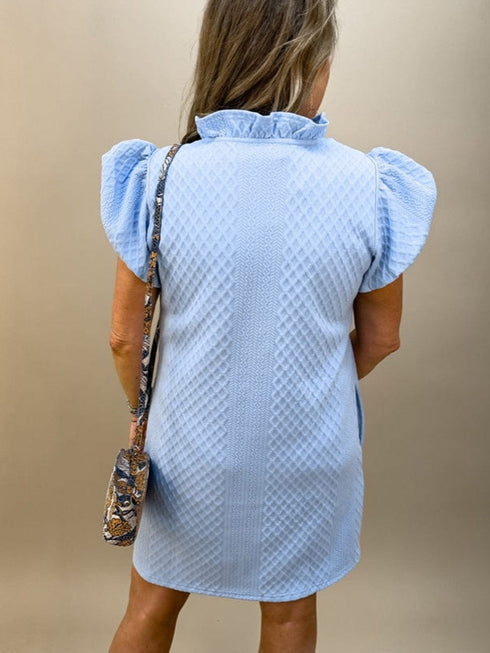 Light Blue Ruffled V-Neck Shift Mini Dress with Puff Sleeves