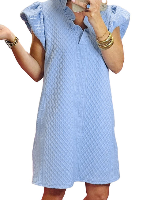 Light Blue Ruffled V-Neck Shift Mini Dress with Puff Sleeves