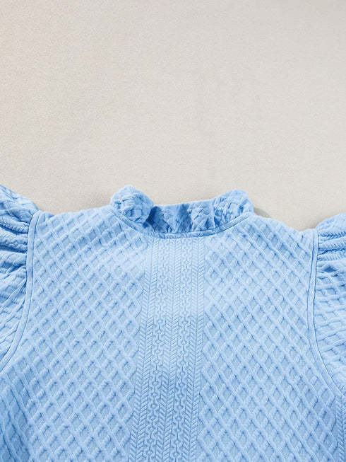 Light Blue Ruffled V-Neck Shift Mini Dress with Puff Sleeves