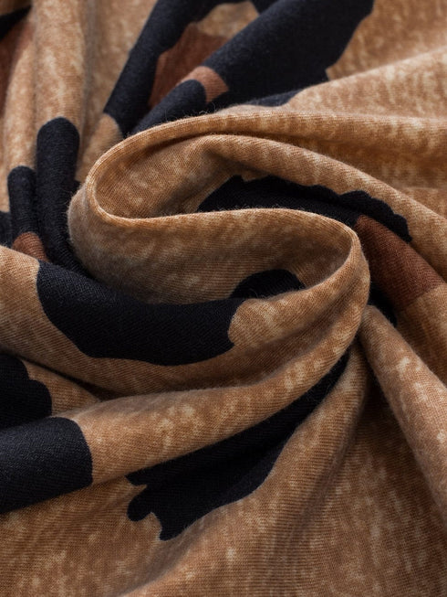 Light French Beige Leopard V-Neck Button-Up Tee with Short Sleeves