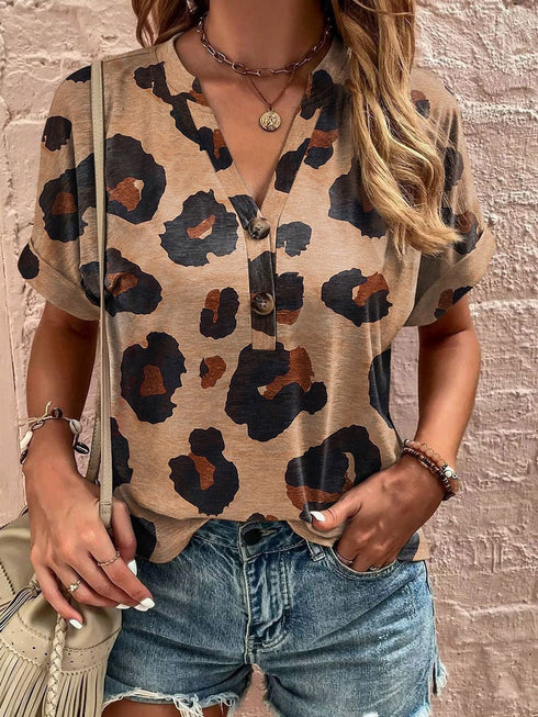 Light French Beige Leopard V-Neck Button-Up Tee with Short Sleeves