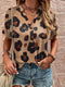 Light French Beige Leopard V-Neck Button-Up Tee with Short Sleeves