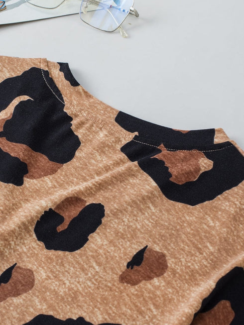 Light French Beige Leopard V-Neck Button-Up Tee with Short Sleeves