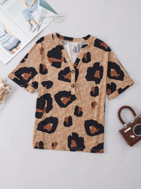 Light French Beige Leopard V-Neck Button-Up Tee with Short Sleeves