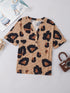 Light French Beige Leopard V-Neck Button-Up Tee with Short Sleeves