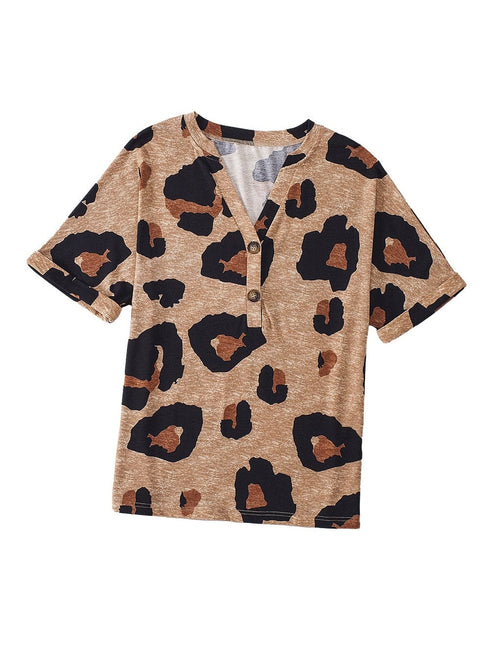 Light French Beige Leopard V-Neck Button-Up Tee with Short Sleeves