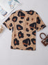 Light French Beige Leopard V-Neck Button-Up Tee with Short Sleeves