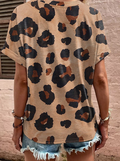 Light French Beige Leopard V-Neck Button-Up Tee with Short Sleeves