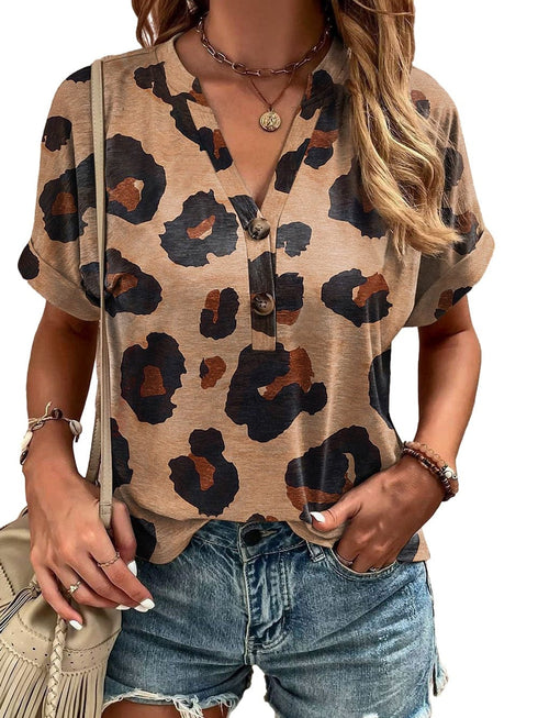 Light French Beige Leopard V-Neck Button-Up Tee with Short Sleeves