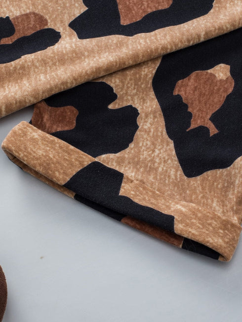 Light French Beige Leopard V-Neck Button-Up Tee with Short Sleeves