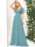 Long Empire Waist Bridesmaid Dress with Short Flutter Sleeves