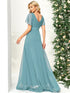 Long Empire Waist Bridesmaid Dress with Short Flutter Sleeves