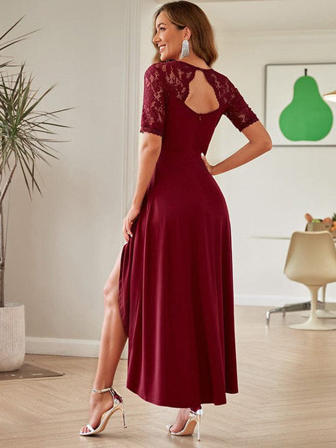 Long Lace Backless V-Neck High-Low Skirt Dress - Solid Color Simple Style