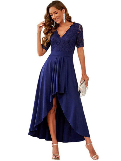 Long Lace Backless V-Neck High-Low Skirt Dress - Solid Color Simple Style