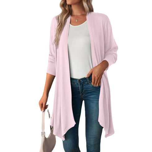 Long sleeve cardigan solid color coat long top for women