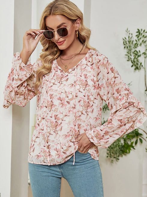Long Sleeve Floral Printed Loose Chiffon T-Shirt