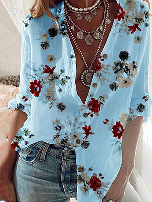 Long Sleeve Flower Print Lapel Shirt