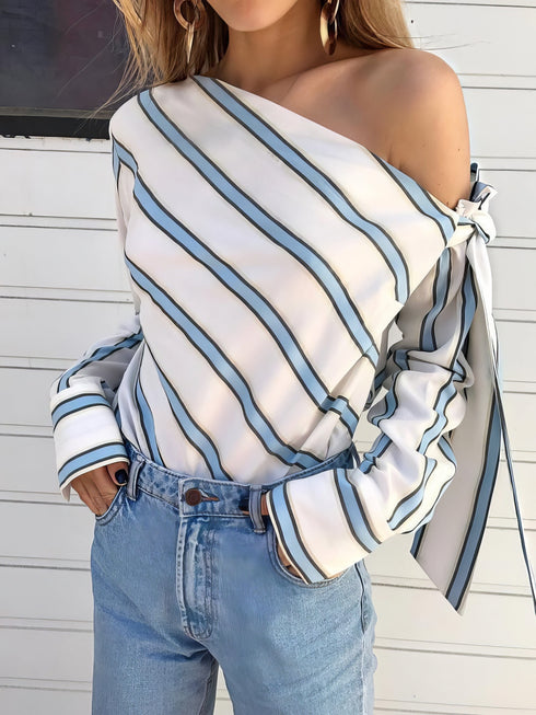 Long Sleeve Slanted Shoulder Striped Shirt