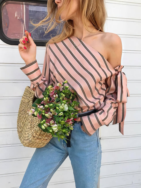 Long Sleeve Slanted Shoulder Striped Shirt