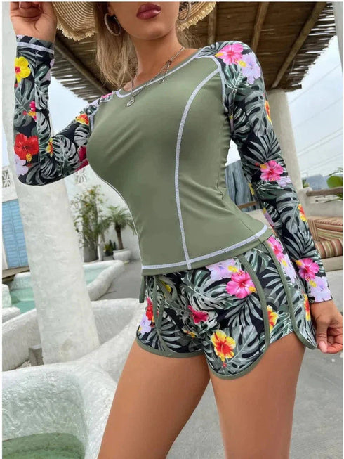 Long Sleeve Surfing Swimsuit Print Swimwear Women Two Pieces Diving Clothes Bathing Swimming Suit Surfing Summer Wetsuit