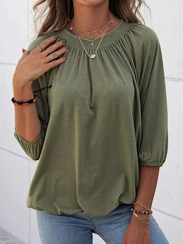 loose-3-4-sleeve-pleated-crew-neck-t-shirt