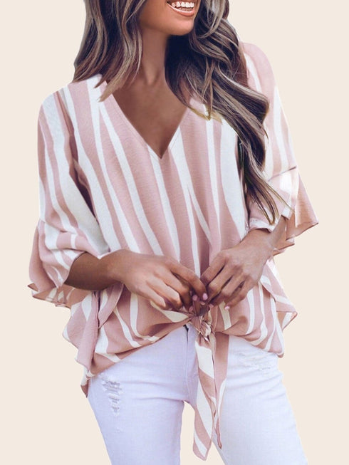 loose-chiffon-off-shoulder-striped-front-tie-3-4-sleeve-blouses
