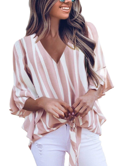 Loose Chiffon Off Shoulder Striped Front Tie 3/4 Sleeve Blouses
