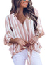 Loose Chiffon Off Shoulder Striped Front Tie 3/4 Sleeve Blouses