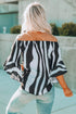 Loose Chiffon Off Shoulder Striped Front Tie 3/4 Sleeve Blouses