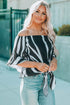 Loose Chiffon Off Shoulder Striped Front Tie 3/4 Sleeve Blouses