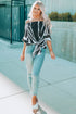 Loose Chiffon Off Shoulder Striped Front Tie 3/4 Sleeve Blouses