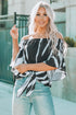 Loose Chiffon Off Shoulder Striped Front Tie 3/4 Sleeve Blouses