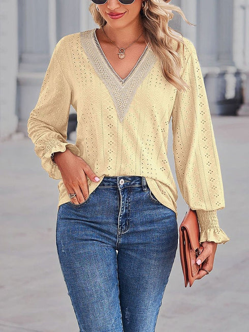 Loose Cut Out Lace Panel V-Neck Lace Blouse