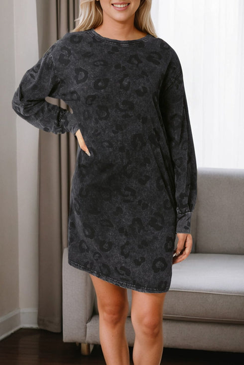 Loose Leopard Print Crew Neck Short Sleeve Dress