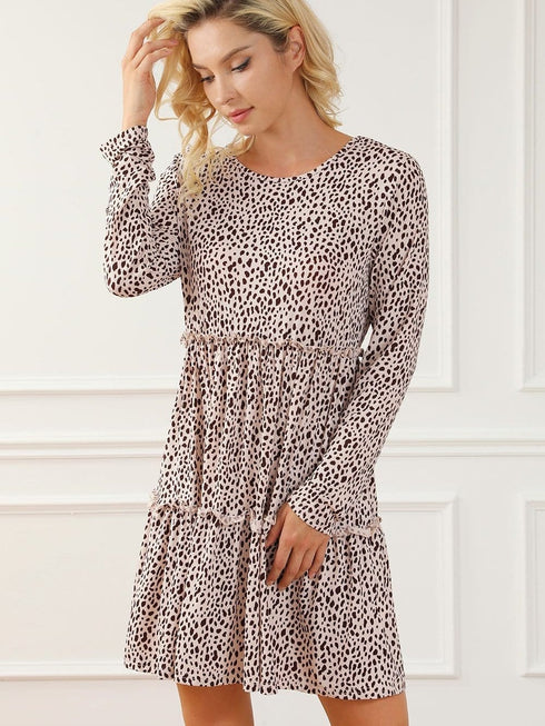 Loose Leopard Print V-neck Dress - Drop Shoulder- A-Line - Closed - Cape - Paneled