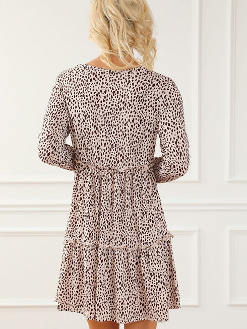 Loose Leopard Print V-neck Dress - Drop Shoulder- A-Line - Closed - Cape - Paneled