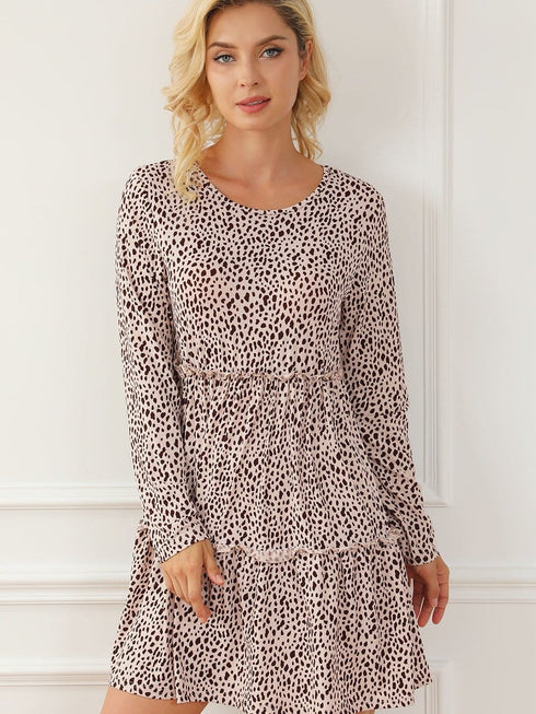Loose Leopard Print V-neck Dress - Drop Shoulder- A-Line - Closed - Cape - Paneled
