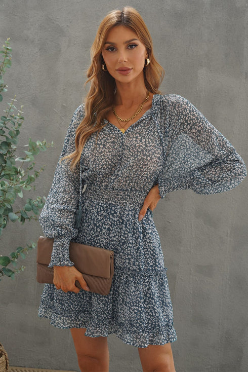 Loose Leopard Print V-neck Dress - Drop Shoulder- A-Line - Closed - Cape - Paneled