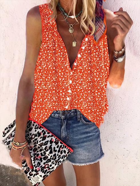 Loose Print Button Sleeveless Blouse - V-Neck - Bare - U Shape - Scoop