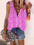 Loose Print Button Sleeveless Blouse - V-Neck - Bare - U Shape - Scoop