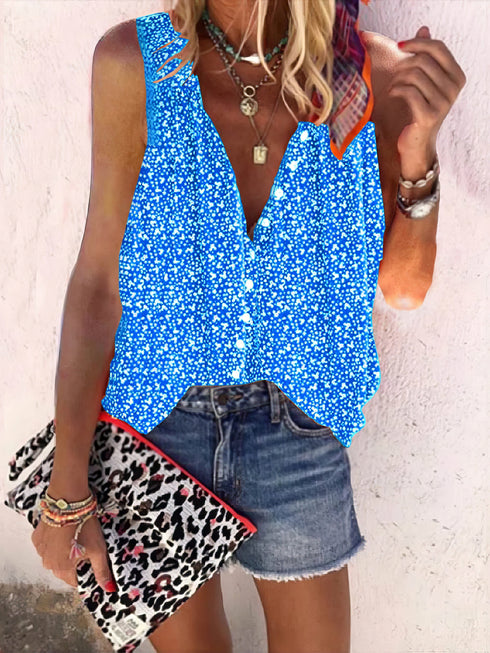 Loose Print Button Sleeveless Blouse - V-Neck - Bare - U Shape - Scoop