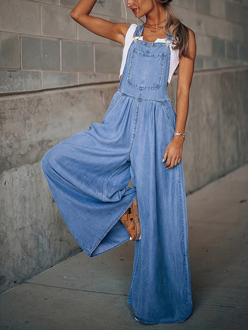 Loose Side Pocket Adjustable Suspenders Casual Denim Jumpsuit