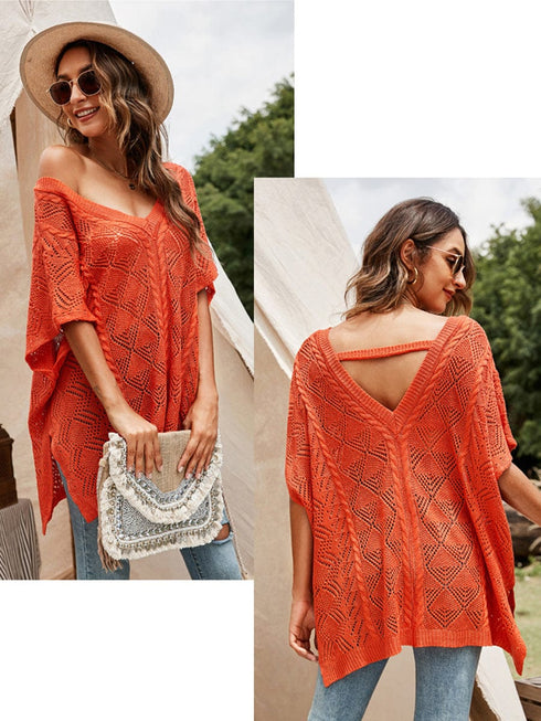 Loose Solid Color V-Neck Hollowed Short Sleeve Knitted T-Shirt