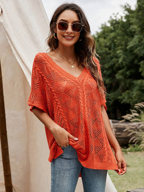 Loose Solid Color V-Neck Hollowed Short Sleeve Knitted T-Shirt