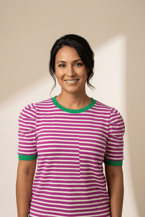 Magenta & White Striped Puff Sleeve Knit Top with Green Trim