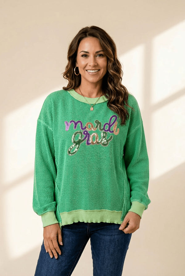 Women's Mardi Gras Sequin Ribbed Pullover in Vibrant Green
