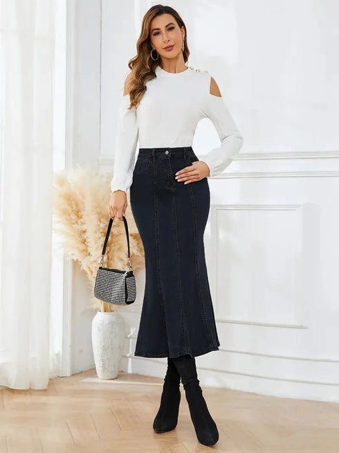 Mermaid Denim Skirt with Slant Pockets - Stretch High Waist Women's Denim Midi Skirt