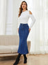Mermaid Denim Skirt with Slant Pockets - Stretch High Waist Women's Denim Midi Skirt
