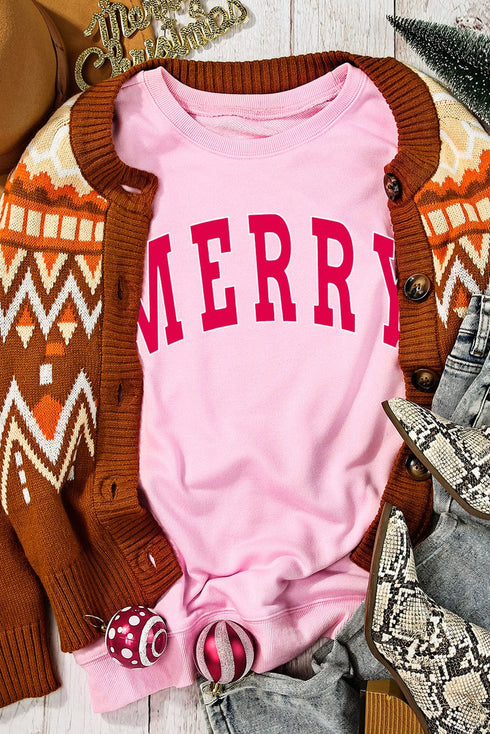 MERRY Pink Alphabet Print Cozy Christmas Sweater