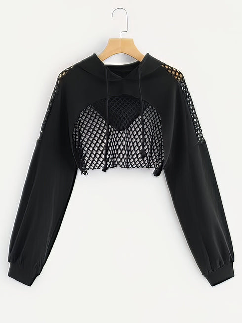 Mesh Cutout Detail Cropped Hoodie